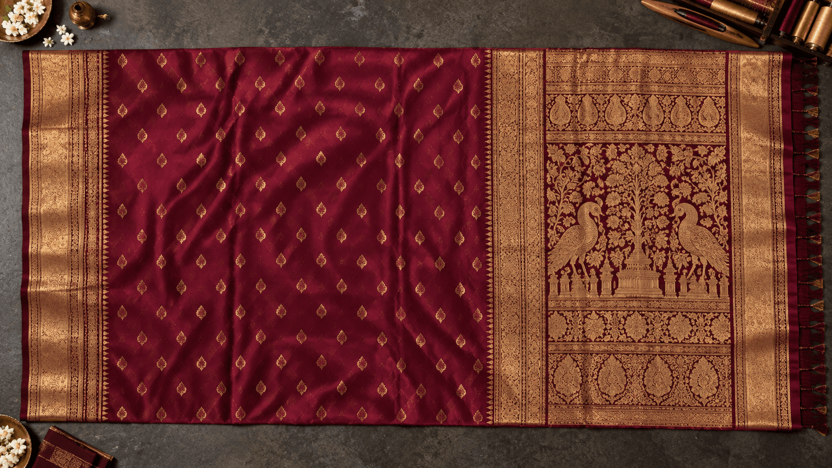 A finished silk saree showing body, border and pallu